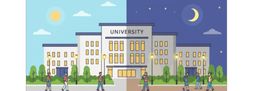 Well-lit campus pathways and building lighting at night