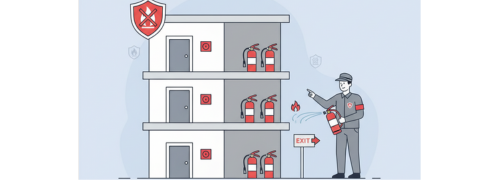 Wall-mounted fire extinguisher on campus corridor