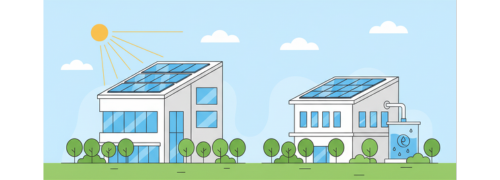 Rainwater harvesting tanks and rooftop solar panels on campus