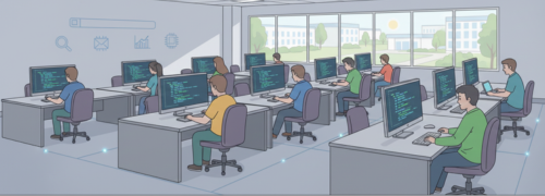 Modern computer lab with high-performance systems and organized workstations