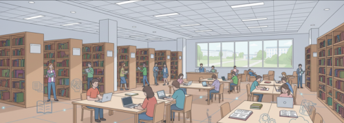 Well-stocked library with extensive book collection and reading spaces